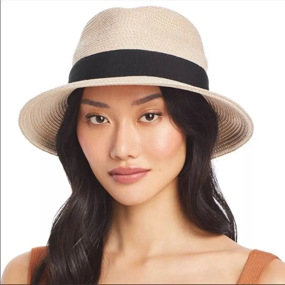 Eric Javits Squishee Classic Fedora Packable SUN HAT Cream/Black NEW $285 - Picture 1 of 6